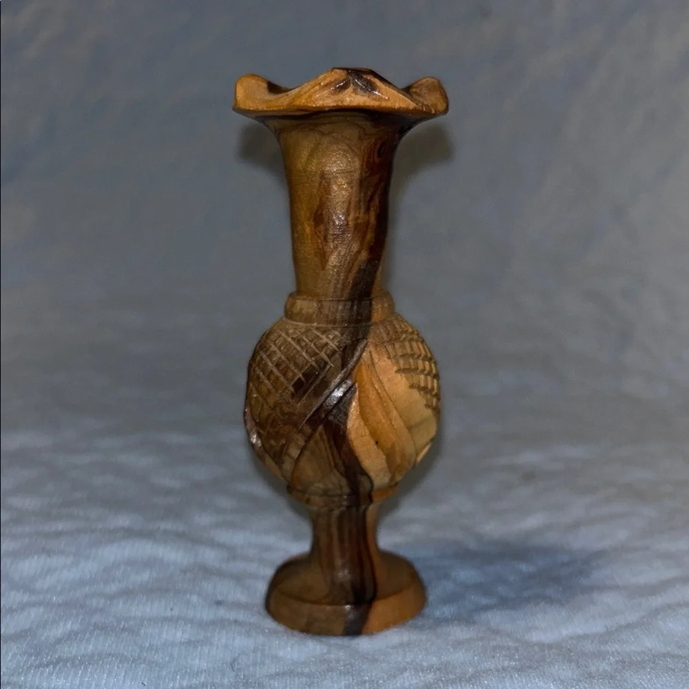 Bohemian Look Hand Carved Cross Hatched Olive Wood Miniature Bud Vase